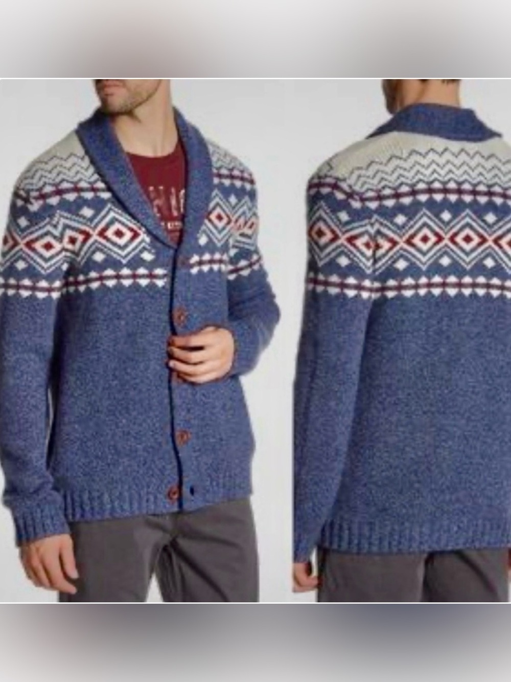 Lucky Brand Men's Shawl Collar Wool Blend Cardigan Sweater Southwest Pattern LG